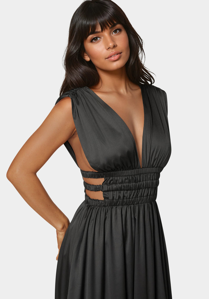 Satin V-Neck Cutout Maxi Dress