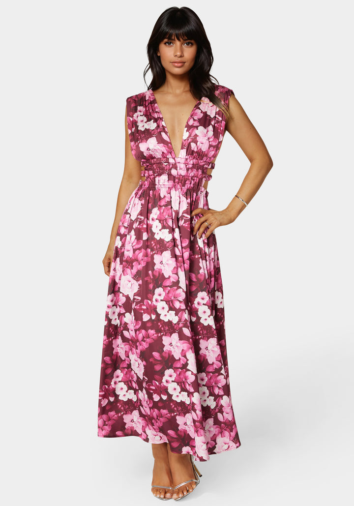 Satin V-Neck Cutout Maxi Dress