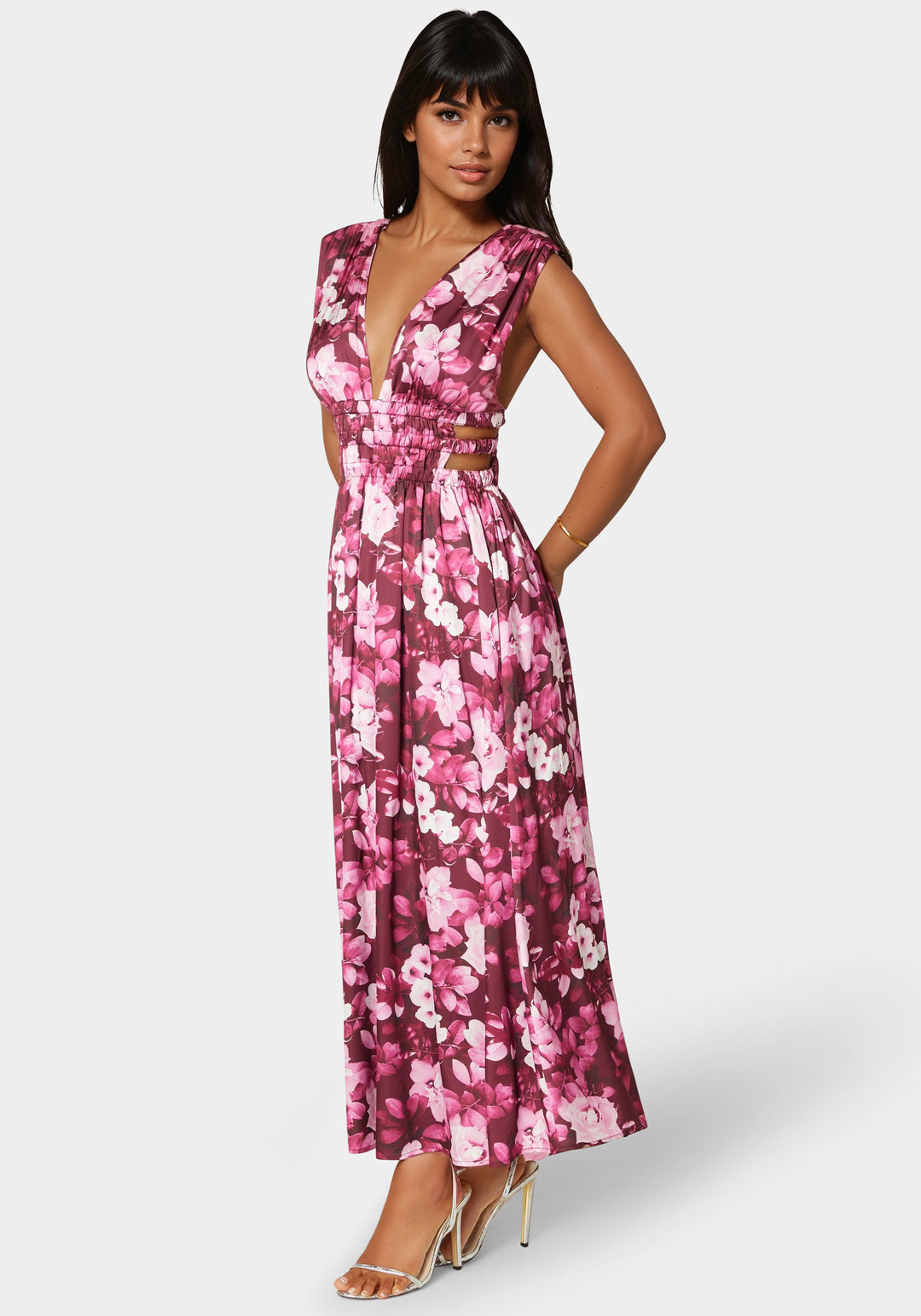 Satin V-Neck Cutout Maxi Dress