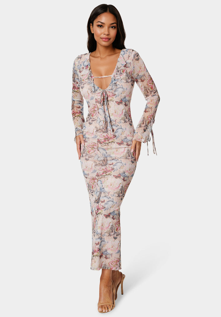 Ruffle Detail Mesh Maxi Dress