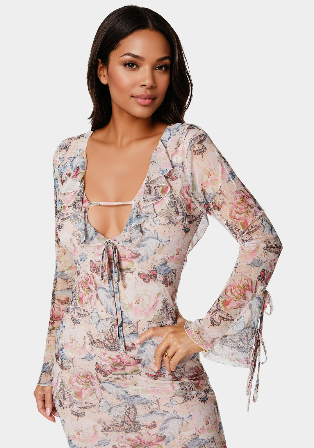 Ruffle Detail Mesh Maxi Dress