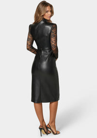 Bebe Women's Faux Leather Lace Illusion Midi Dress