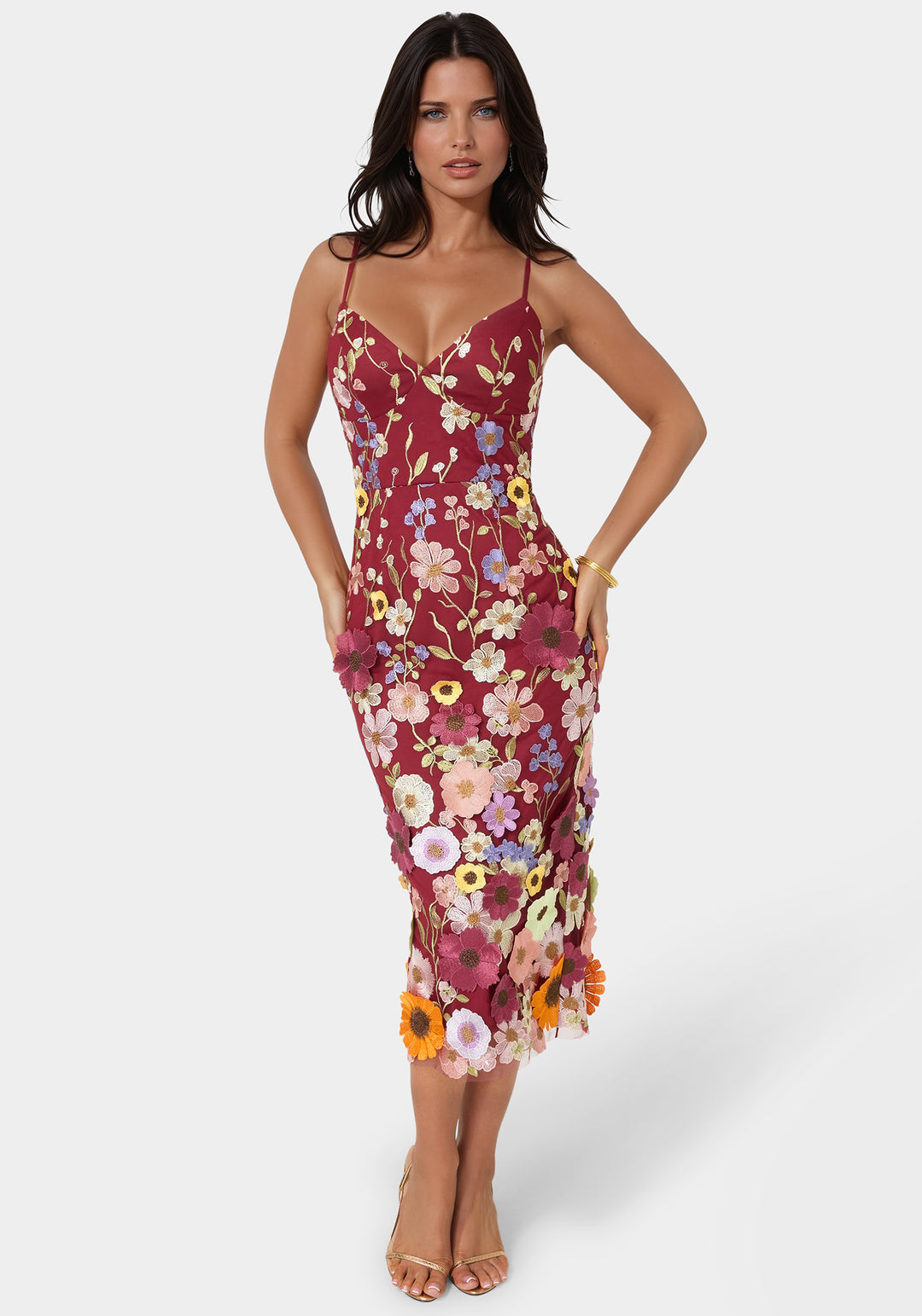 3D Floral Strappy V-Neck Midi Dress bebe 3D Floral Strappy V-Neck Midi Dress bebe