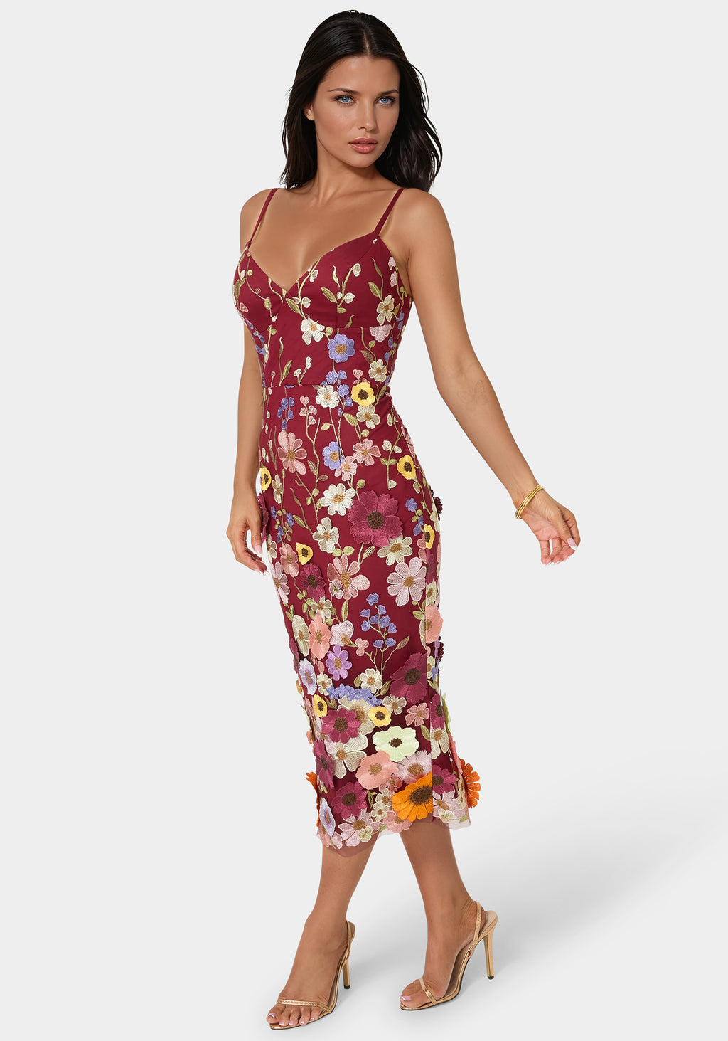 Bebe Women's 3D Floral Strappy V Midi Dress