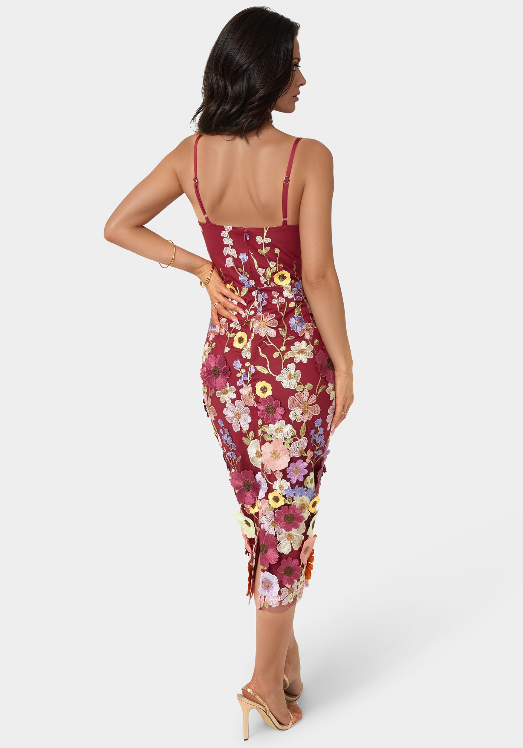bardot sleeveless 3d floral fitted midi dress Bardot corset midi dress in pink floral