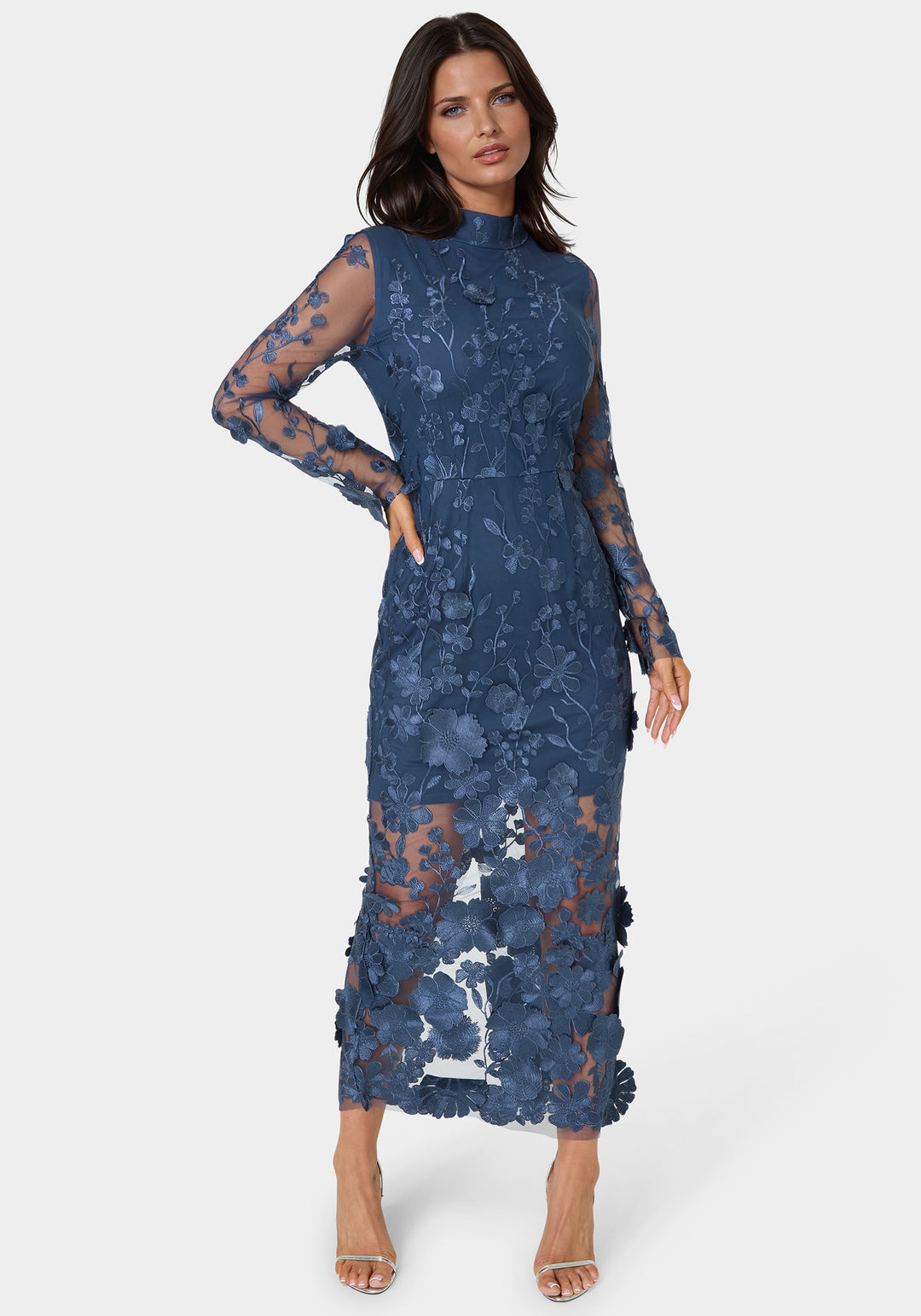 Bebe Women's 3D Floral Mock Neck Midi Dress - Navy Bebe Women's 3D Floral Mock Neck Midi Dress - Navy