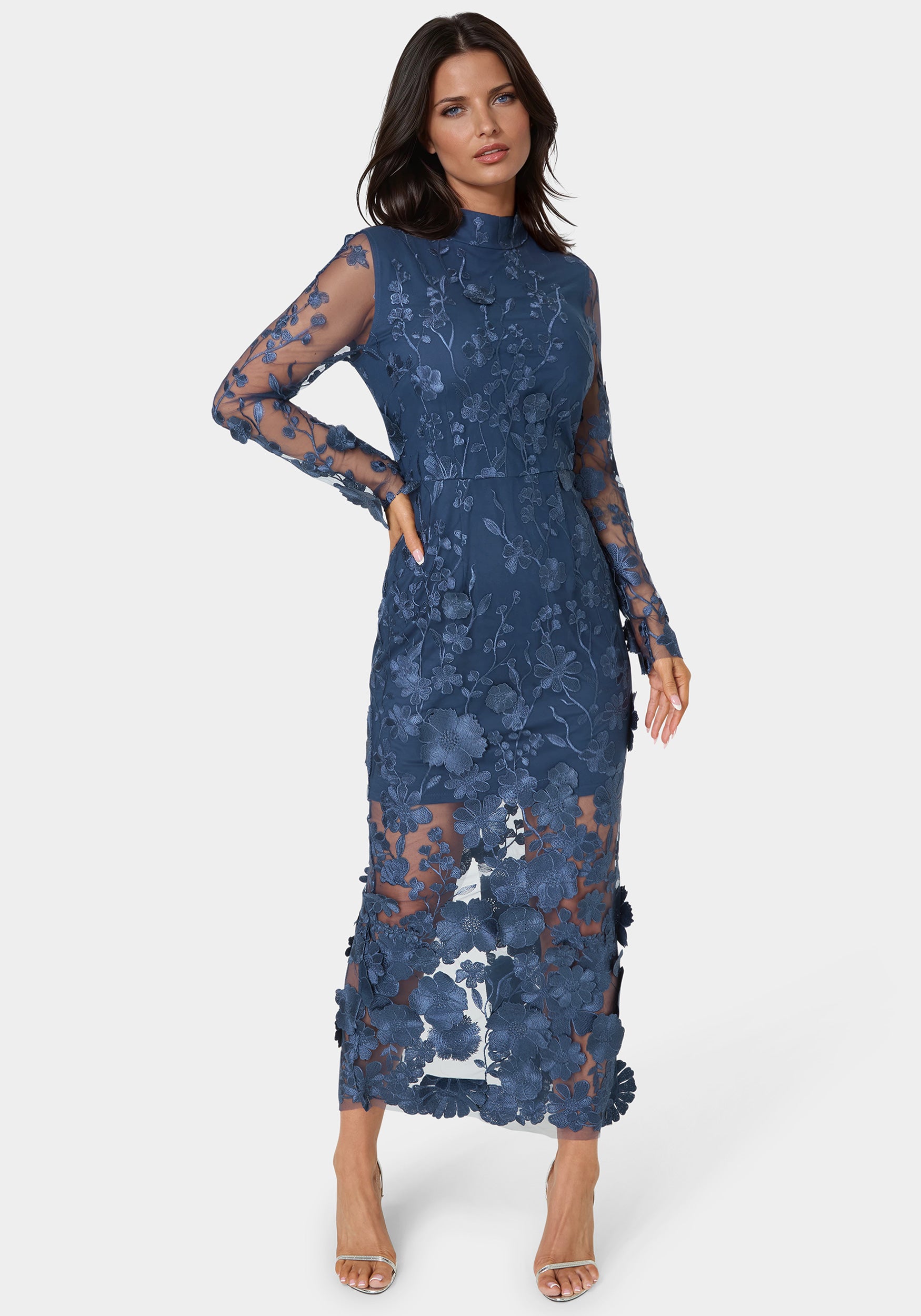 Bebe Women's 3D Floral Mock Neck Midi Dress