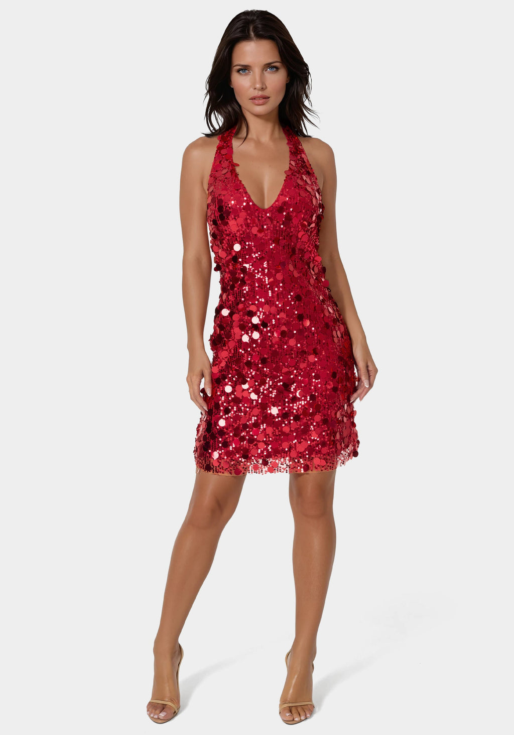 Front View-Medallion Halter Mini Dress-BURGUNDY