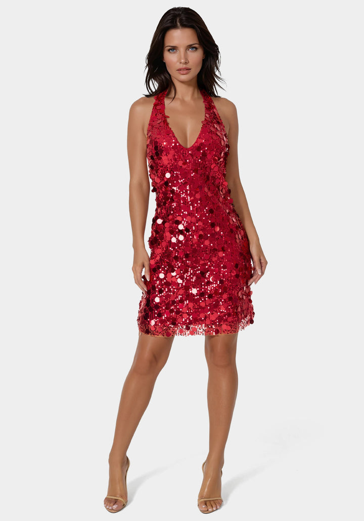 Front View-Medallion Halter Mini Dress-BURGUNDY