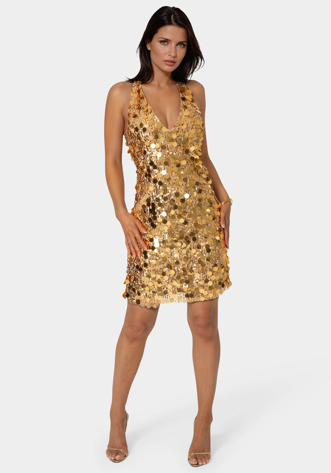 Front View-Medallion Halter Mini Dress-GOLD