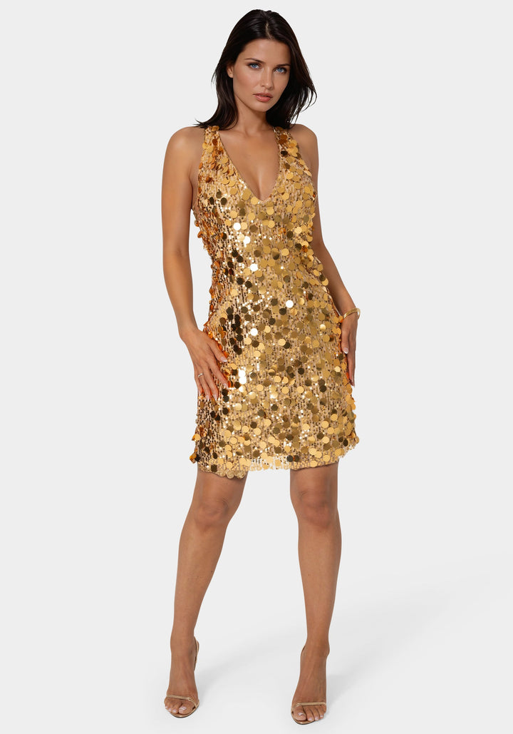 Front View-Medallion Halter Mini Dress-GOLD
