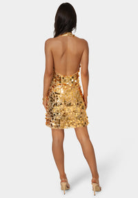Back View-Medallion Halter Mini Dress-GOLD