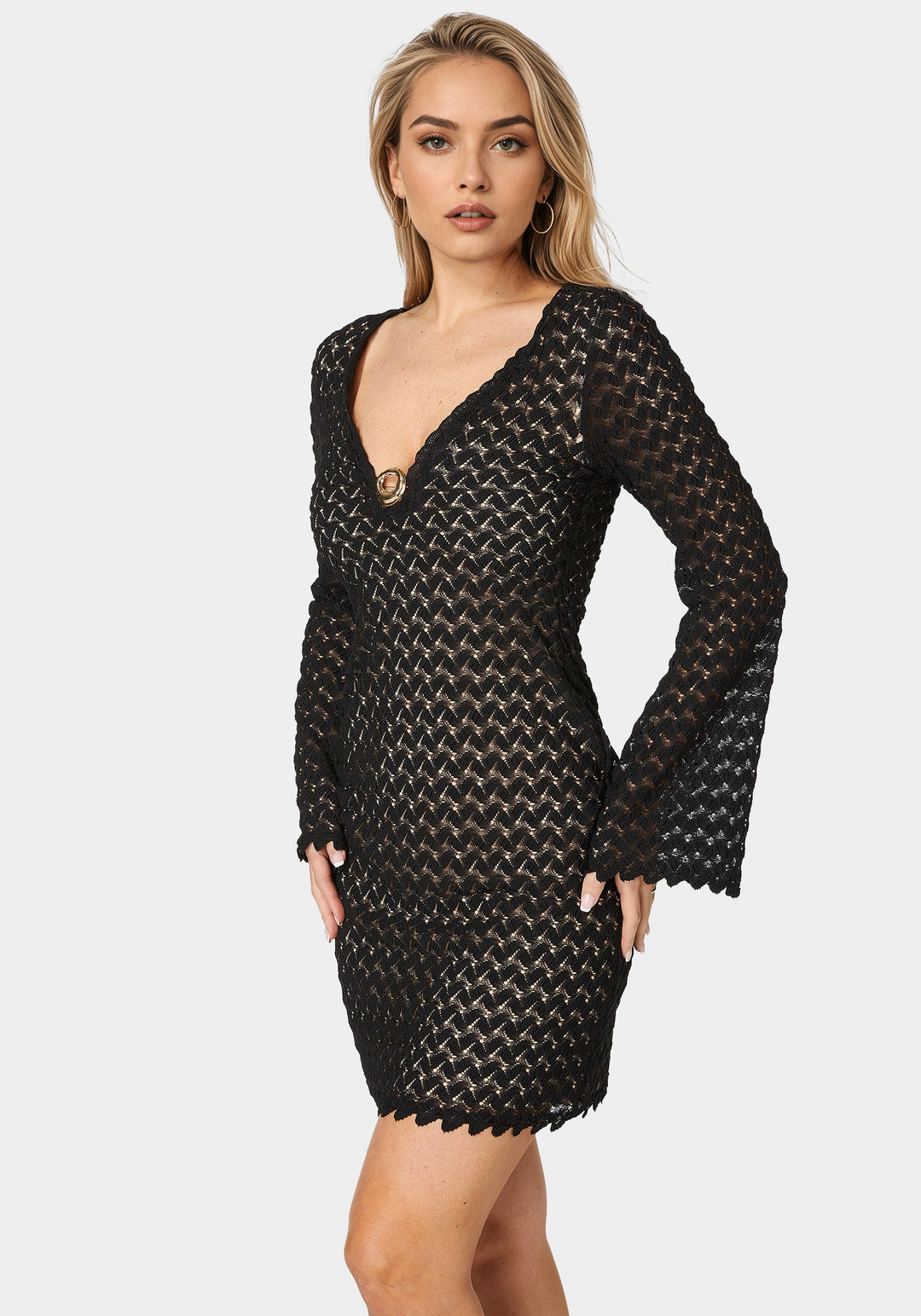 Bebe Women's Lace Bell Sleeves Keyhole Mini Dress - Black nude Bebe Women's Lace Bell Sleeves Keyhole Mini Dress - Black nude