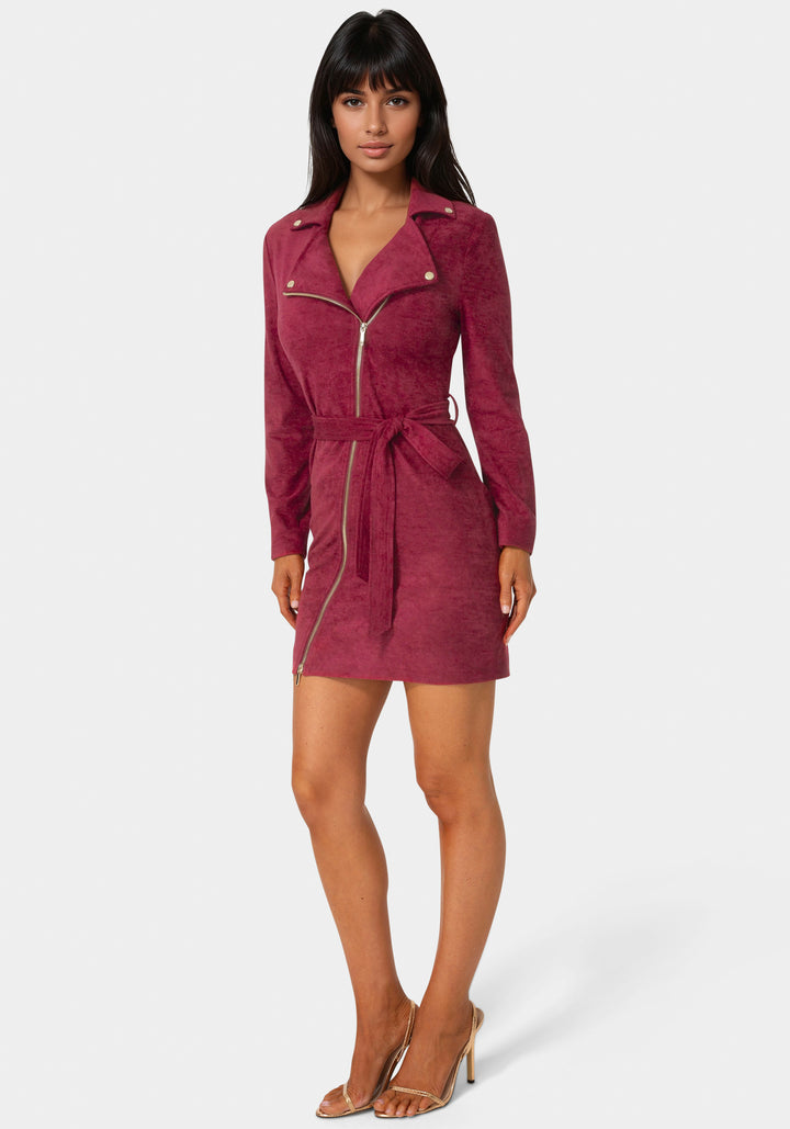 Side View-Faux Suede Moto Dress-BURGUNDY