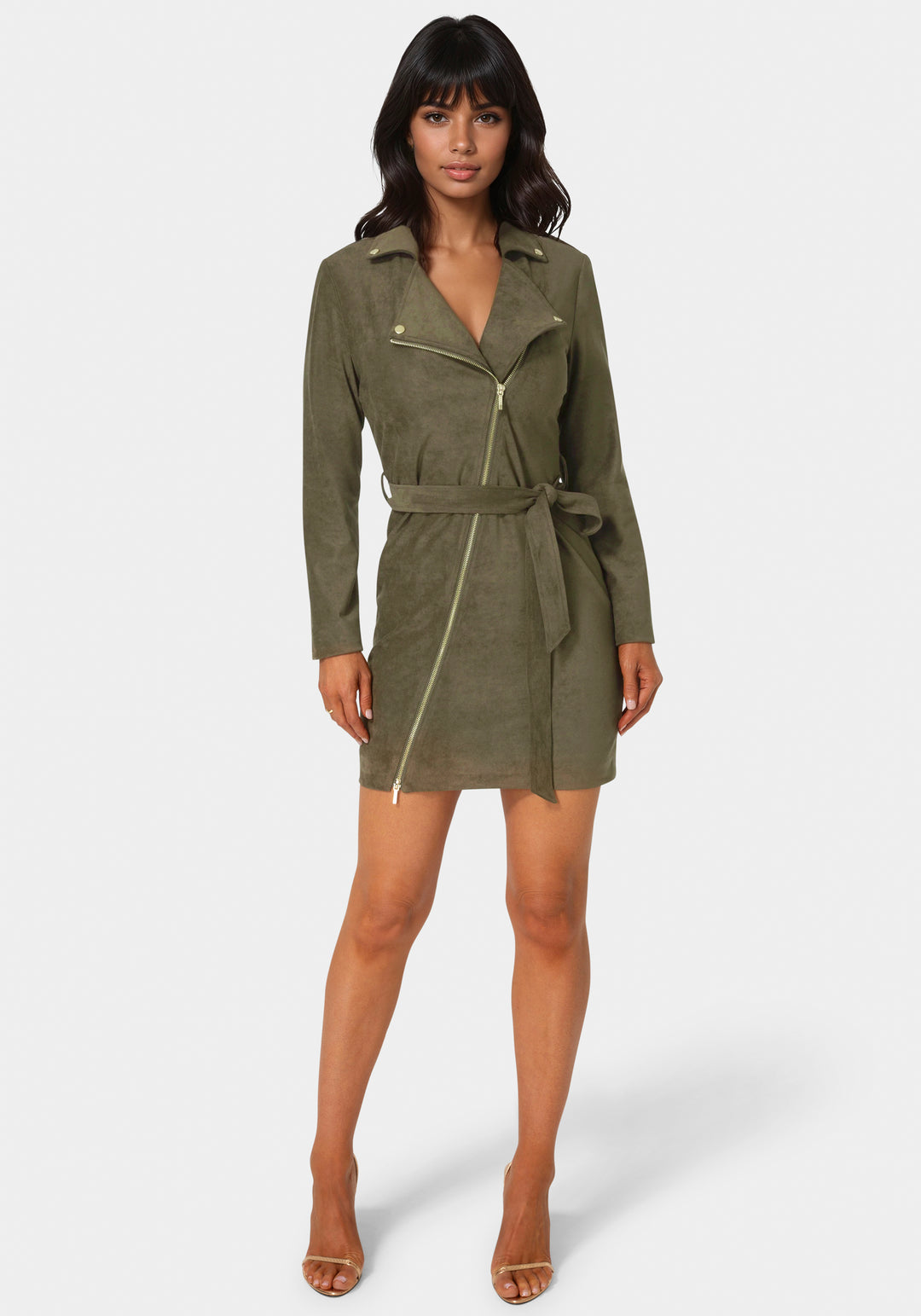 Front View-Faux Suede Moto Dress-OLIVE