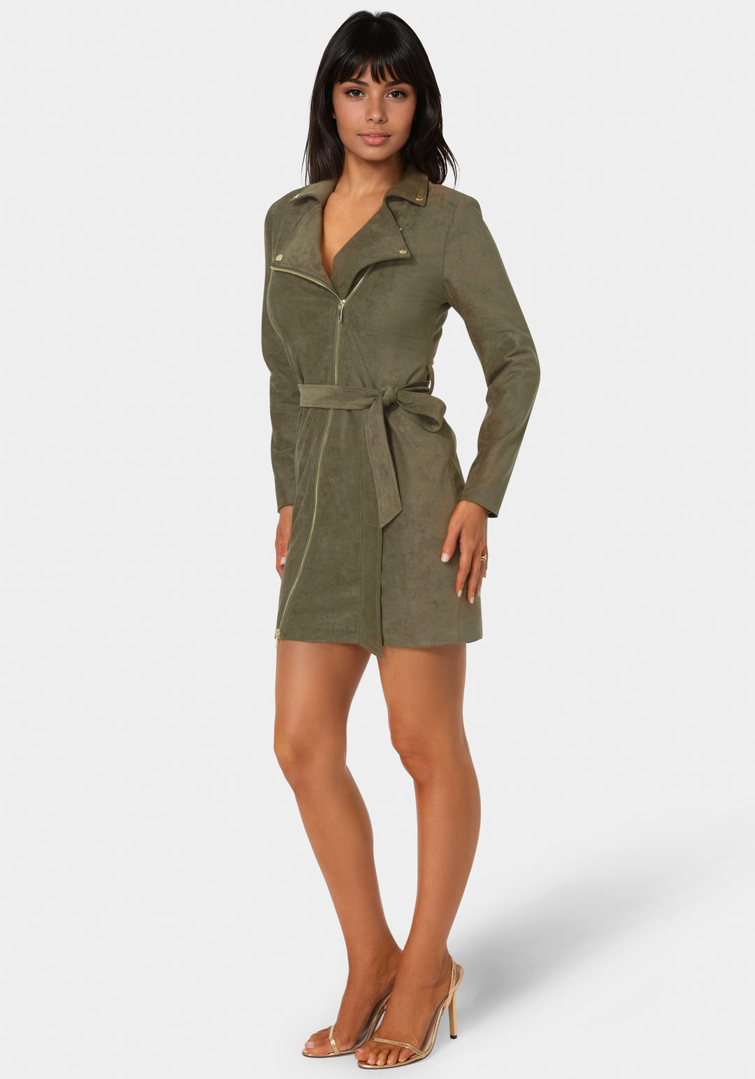 Side View-Faux Suede Moto Dress-OLIVE