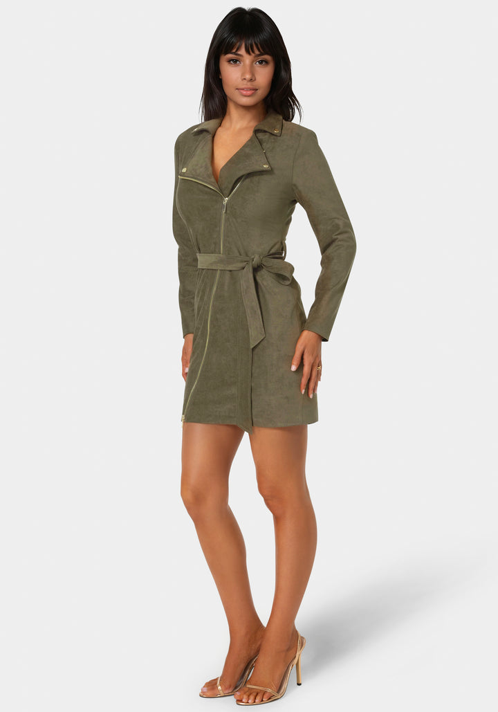 Side View-Faux Suede Moto Dress-OLIVE