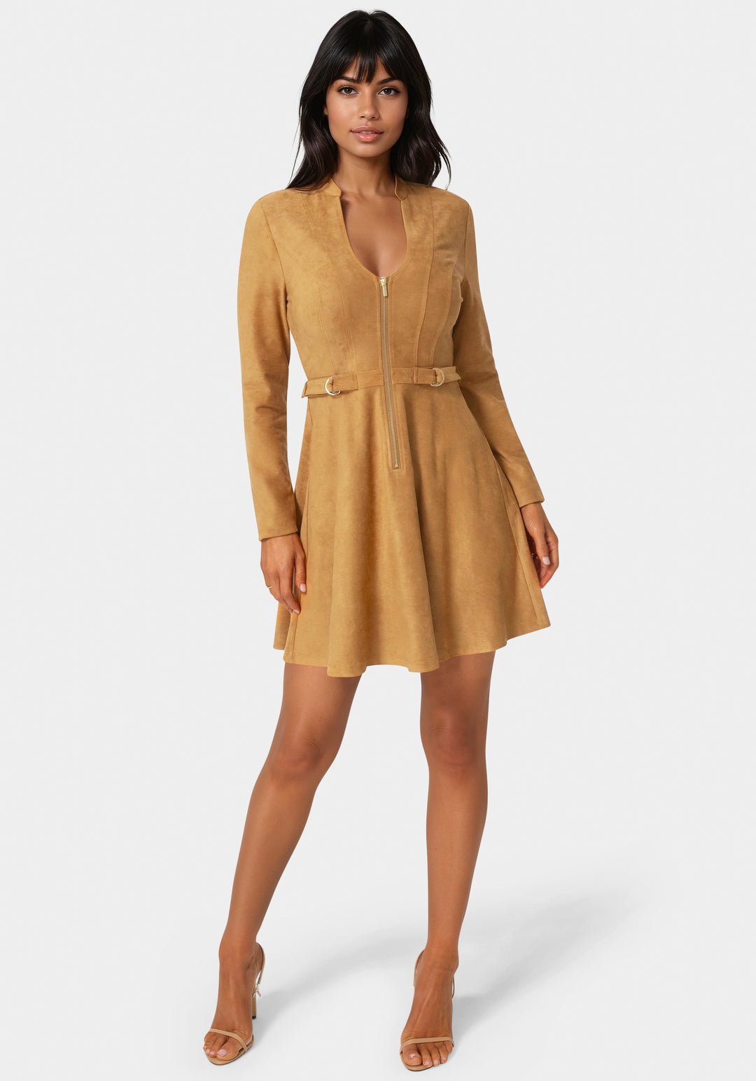 Front View-Fit and Flare Long Sleeve Suede Mini Dress-CAMEL