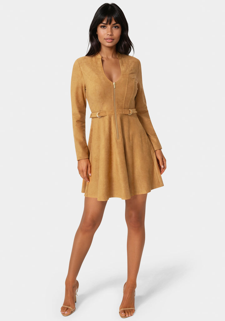 Front View-Fit and Flare Long Sleeve Suede Mini Dress-CAMEL