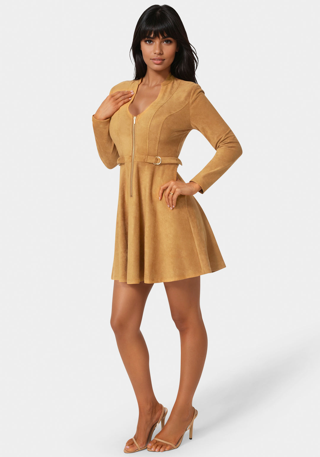 Side View-Fit and Flare Long Sleeve Suede Mini Dress-CAMEL