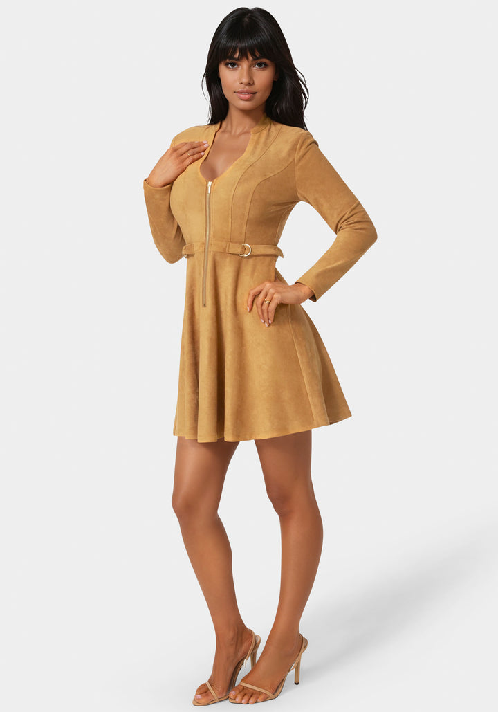 Side View-Fit and Flare Long Sleeve Suede Mini Dress-CAMEL