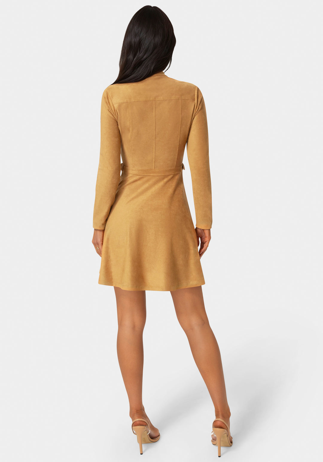 Back View-Fit and Flare Long Sleeve Suede Mini Dress-CAMEL