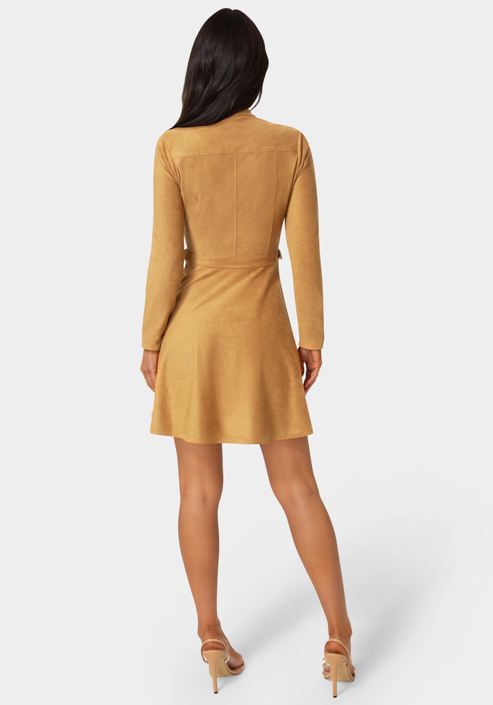 Back View-Fit and Flare Long Sleeve Suede Mini Dress-CAMEL