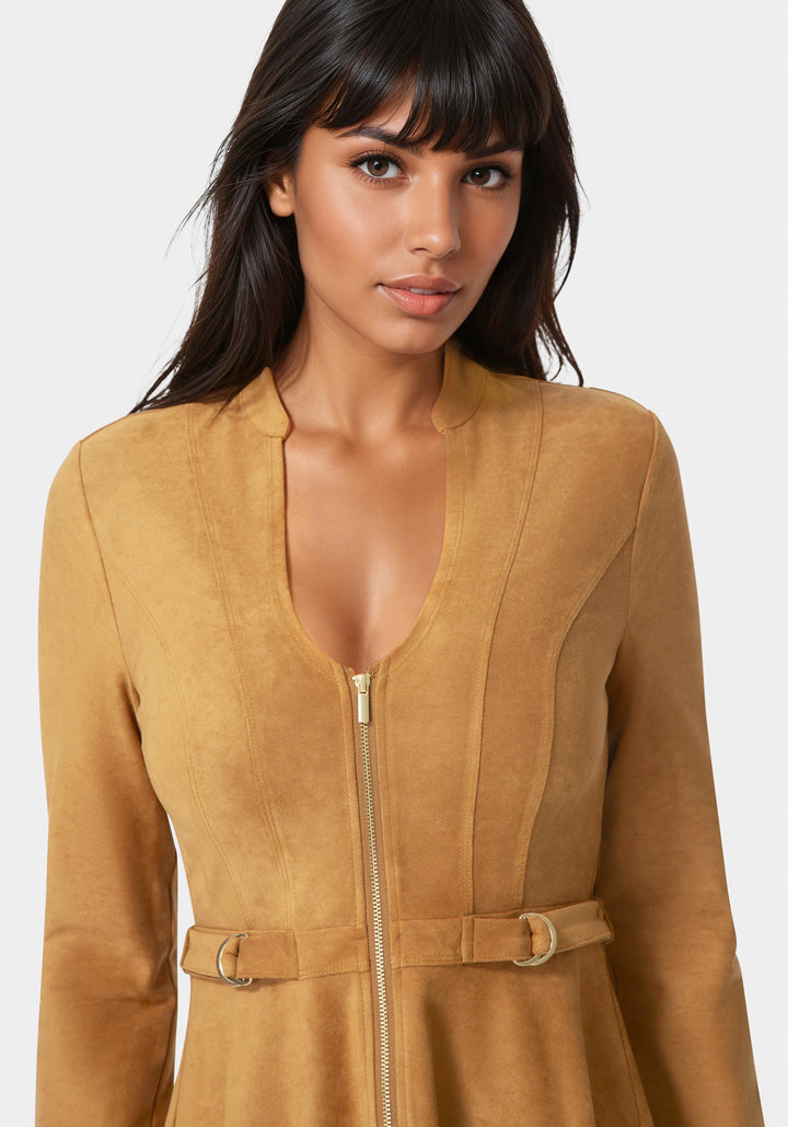 Other View-Fit and Flare Long Sleeve Suede Mini Dress-CAMEL