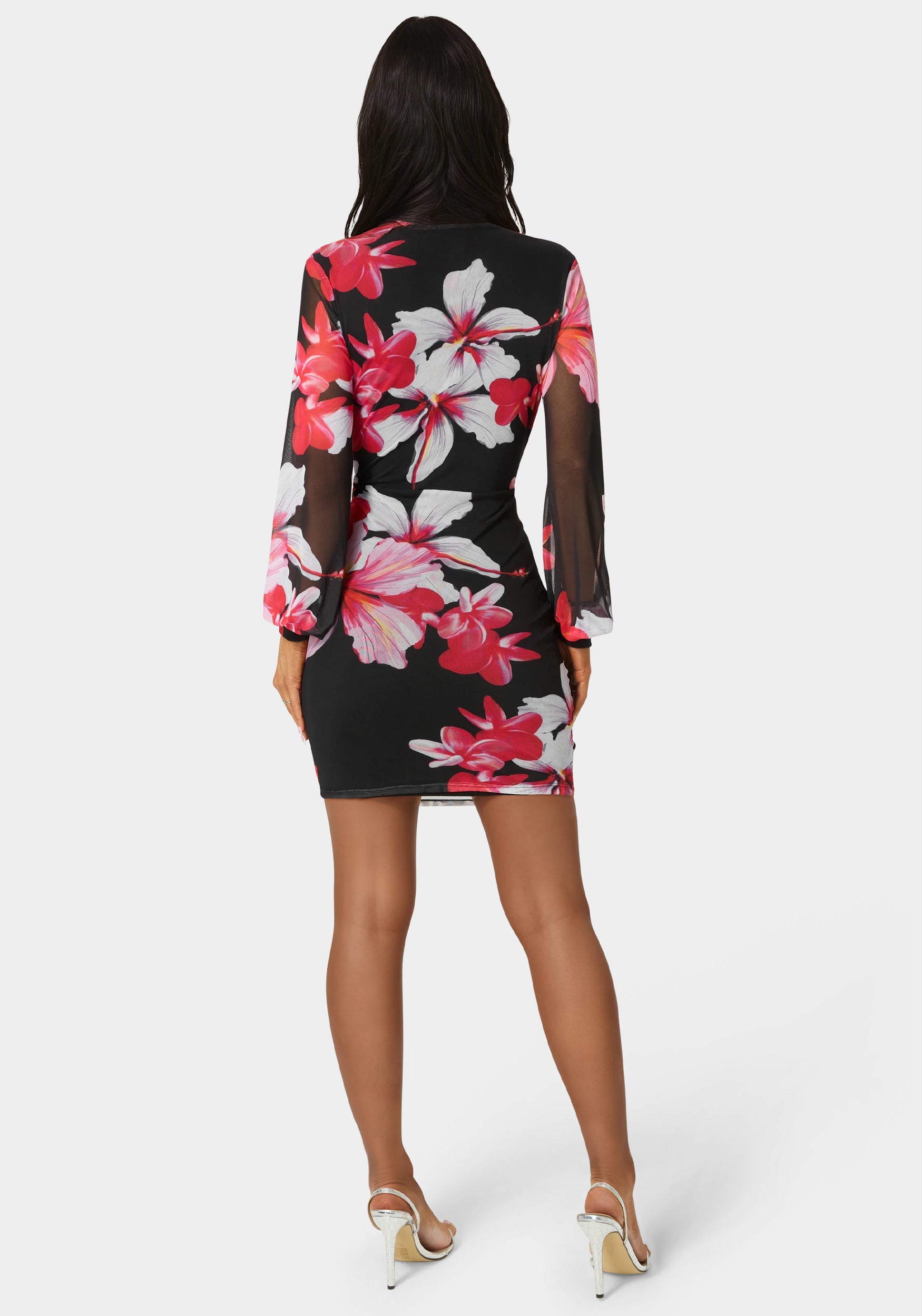 bebe long sleeve mesh ruched dress Long Sleeve Ruched Mesh Mini Dress – bebe