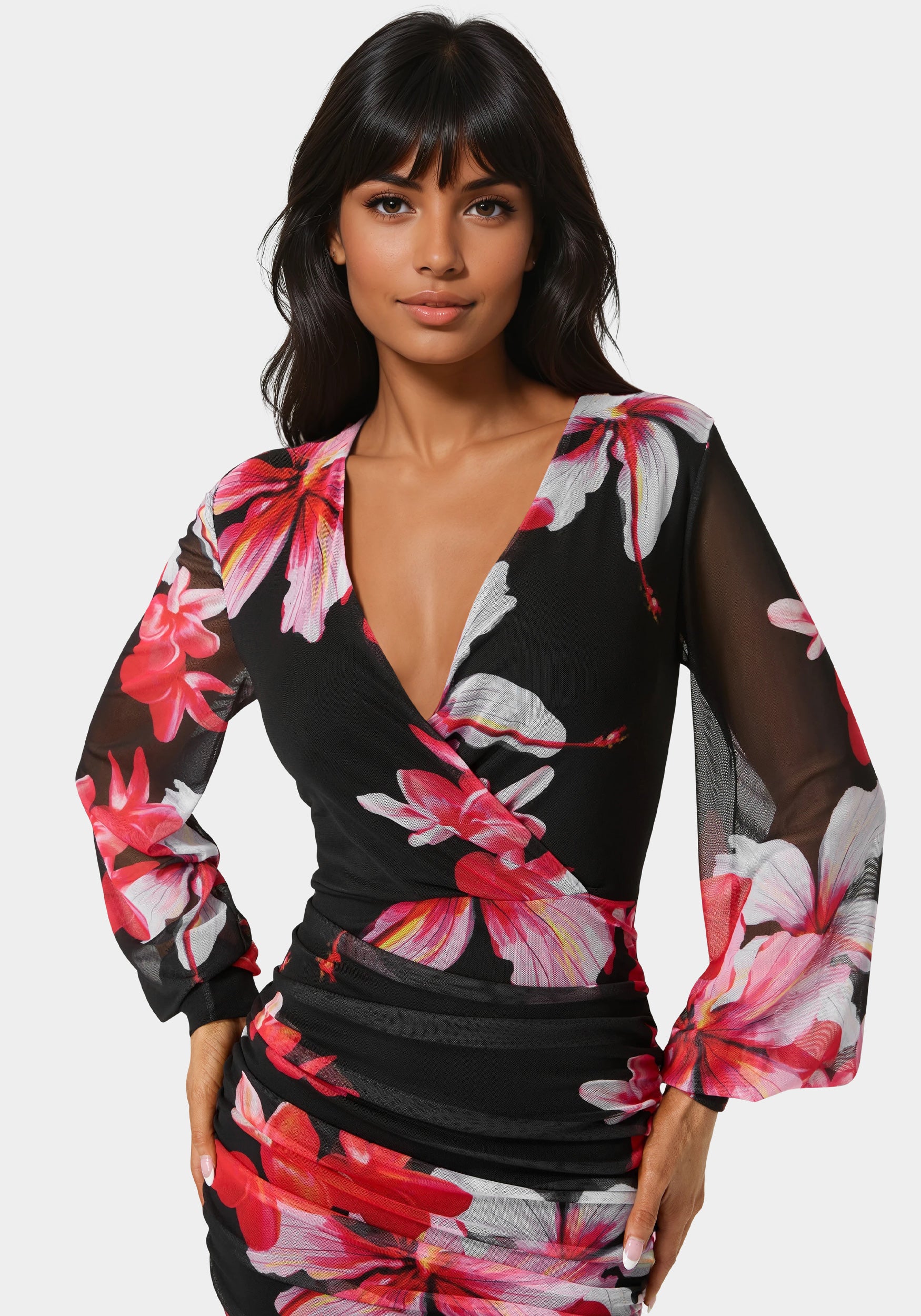 bebe long sleeve mesh ruched dress Bebe Women's Long Sleeve Faux Wrap Ruched Mini Dress