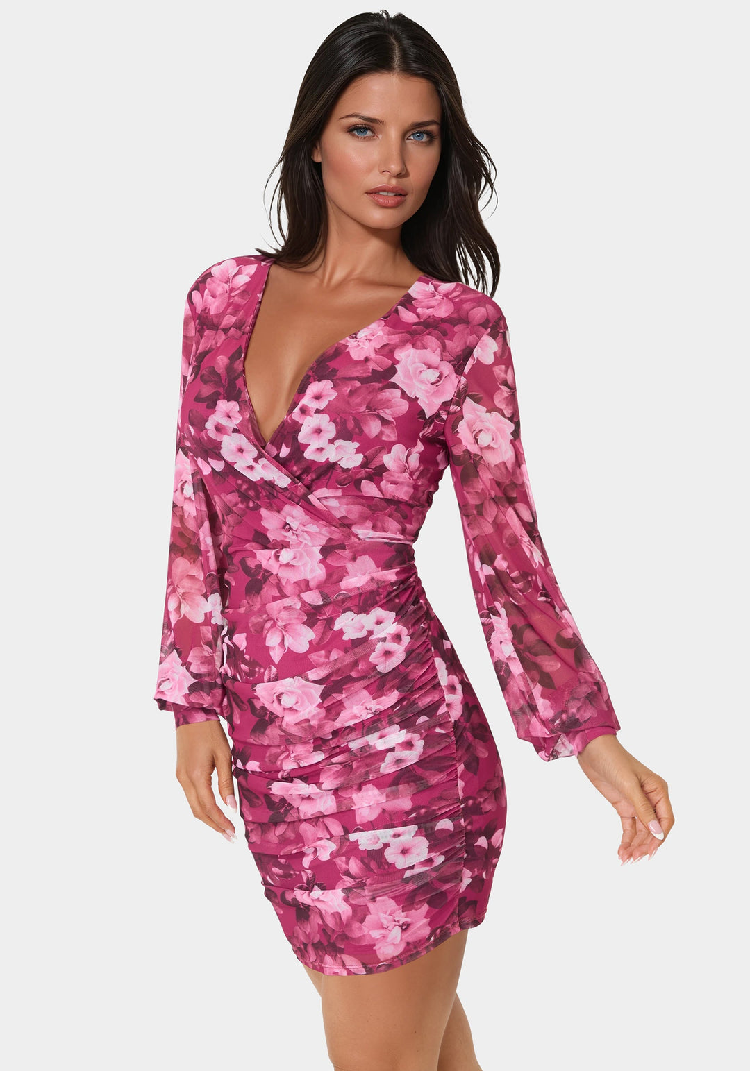 Bebe Women's Long Sleeve Faux Wrap Ruched Mini Dress - Merlot Bebe Women's Long Sleeve Faux Wrap Ruched Mini Dress - Merlot