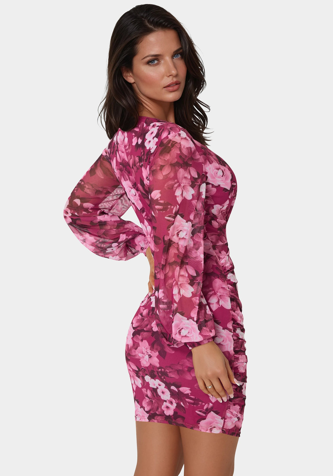 Bebe Women's Long Sleeve Faux Wrap Ruched Mini Dress - Merlot Bebe Women's Long Sleeve Faux Wrap Ruched Mini Dress - Merlot