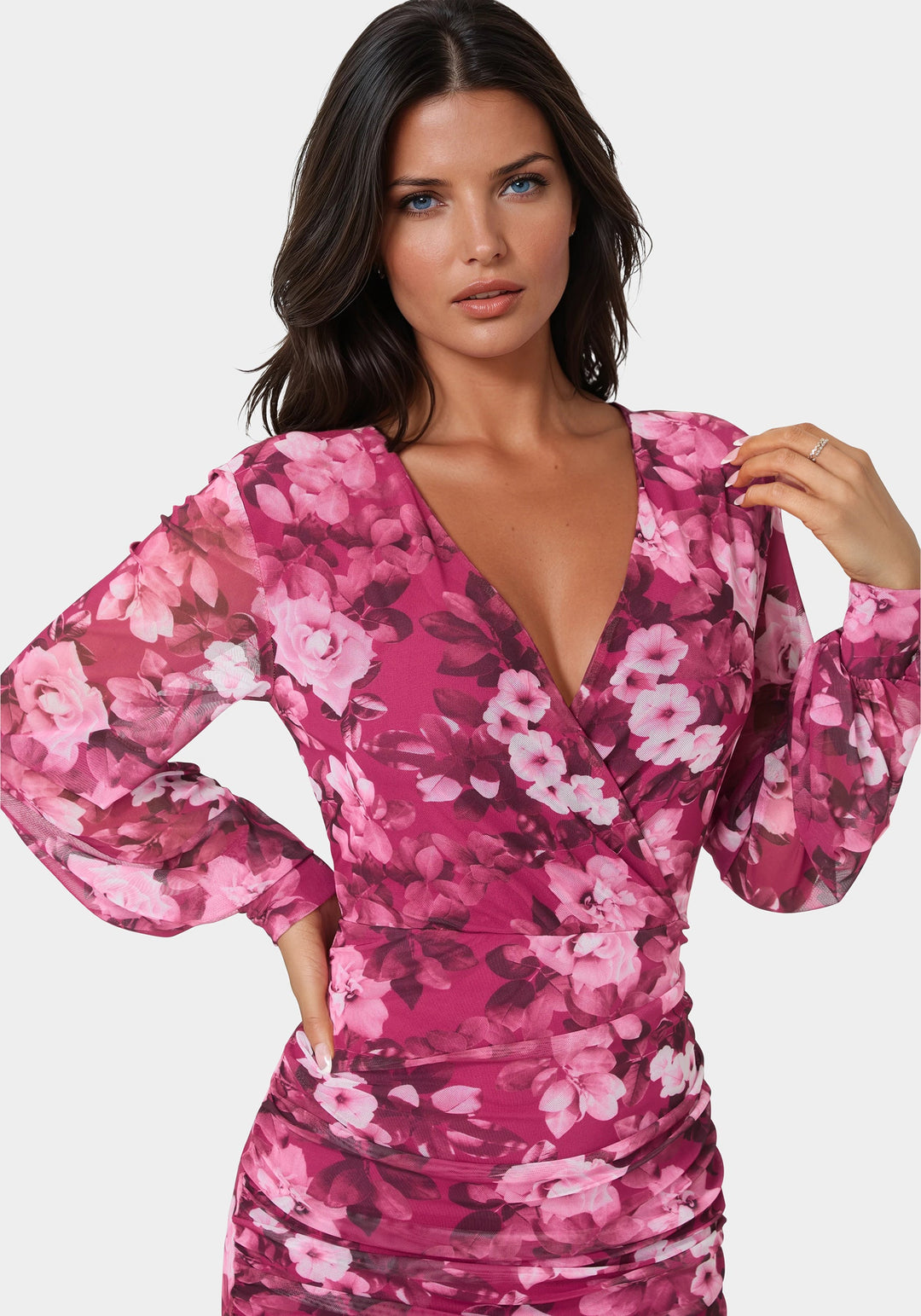 Bebe Women's Long Sleeve Faux Wrap Ruched Mini Dress - Merlot Bebe Women's Long Sleeve Faux Wrap Ruched Mini Dress - Merlot