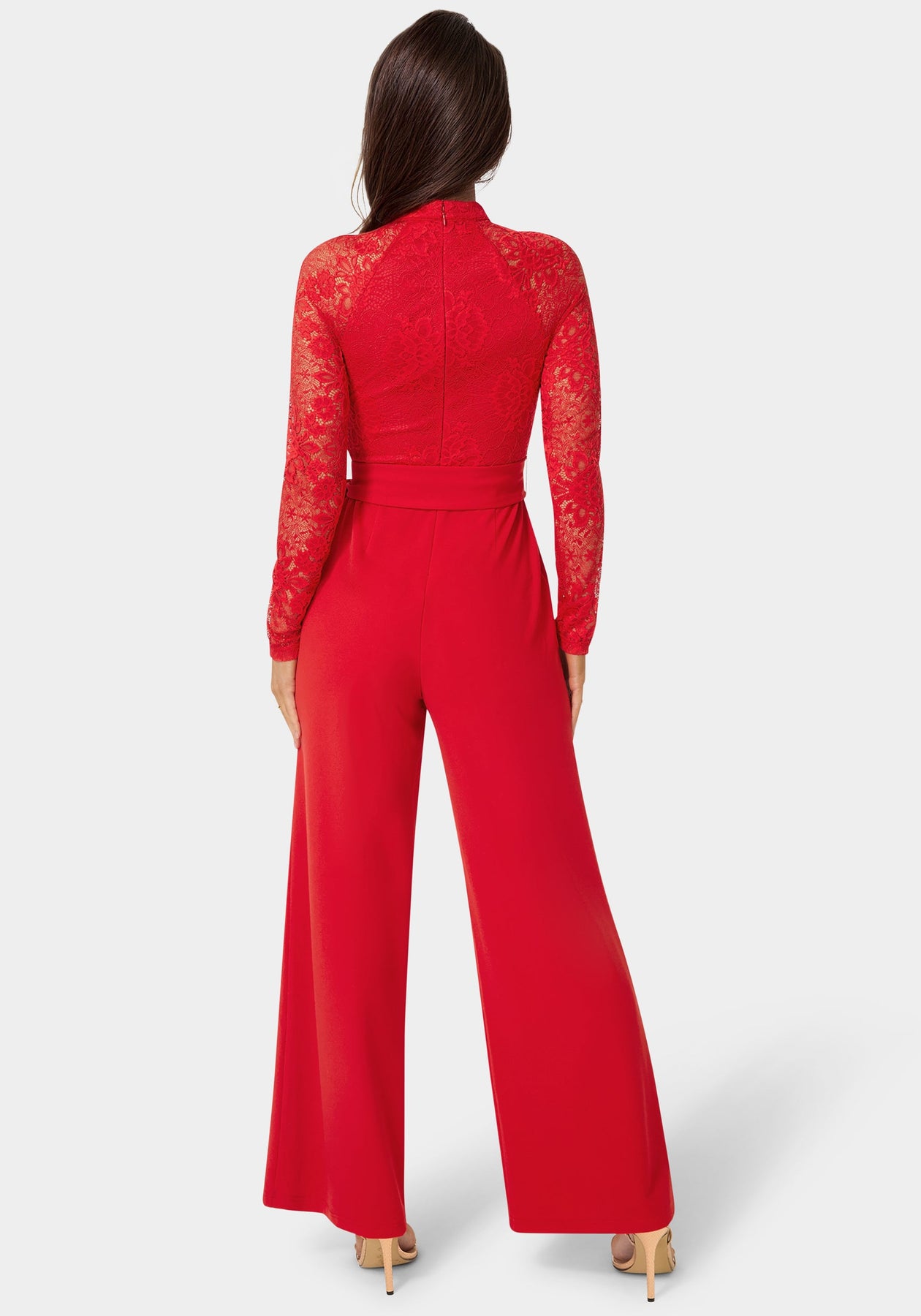Lace Bodice Straight Leg Jumpsuit bebe Lace Bodice Straight Leg Jumpsuit bebe