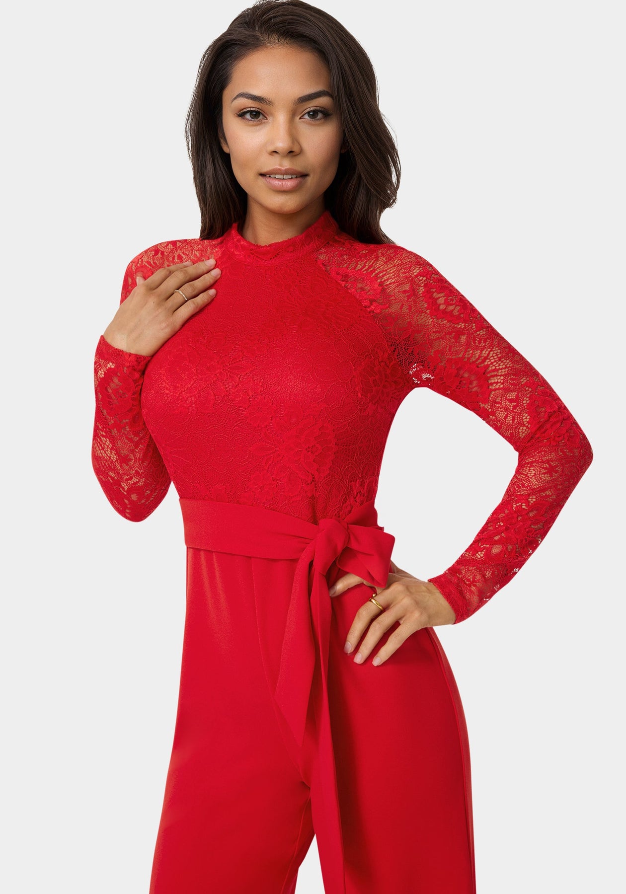 Lace Bodice Straight Leg Jumpsuit bebe Lace Bodice Straight Leg Jumpsuit bebe
