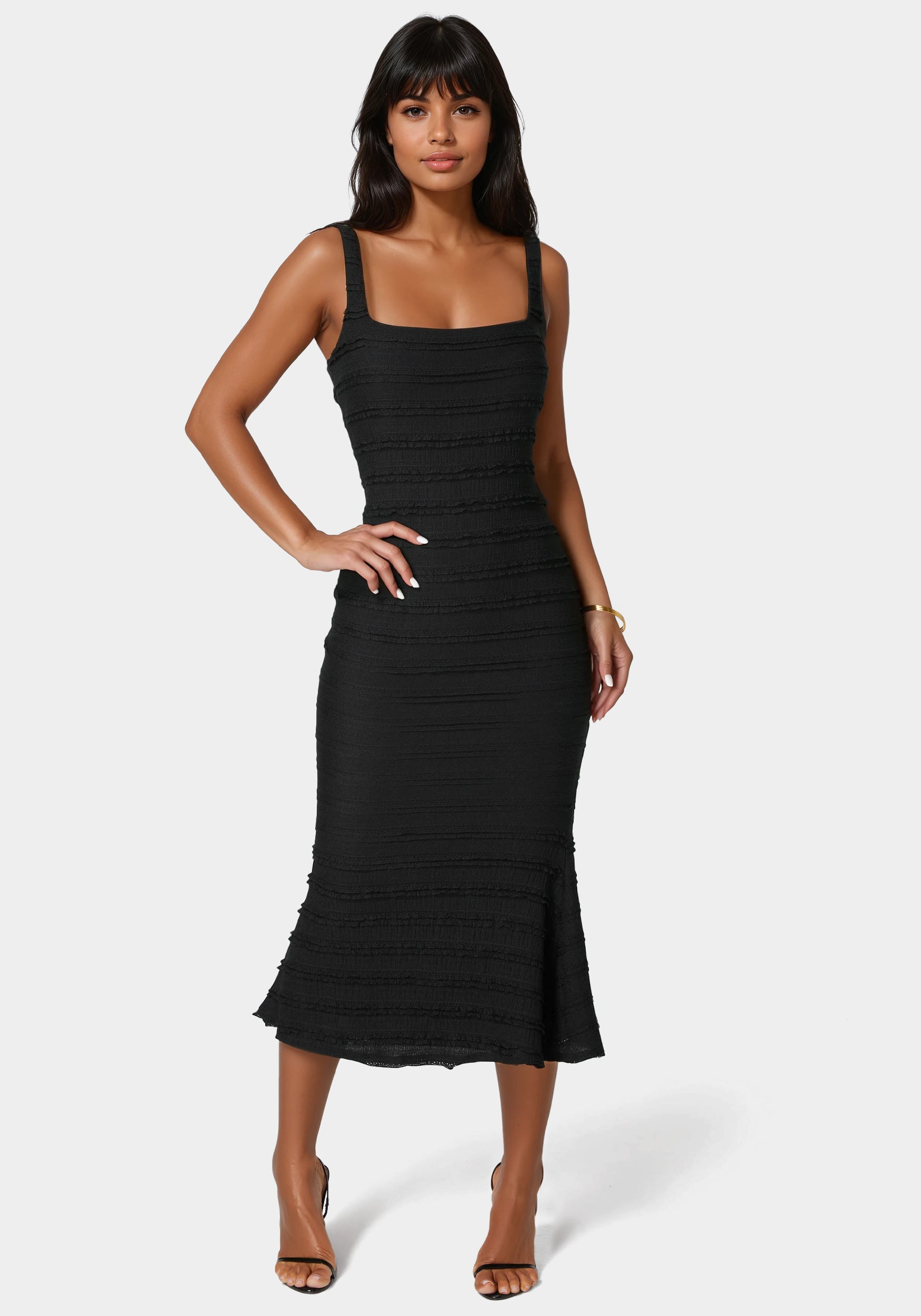 Bebe Women's Square Neck Ruffle Lace Midi Dress - Black Square Neck Fluted Hem Midi Dress – bebe