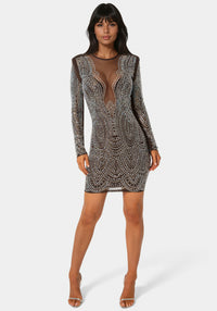 Front View-Long Sleeve Embellished Illusion Mesh Mini Dress-CHOCOLATE/GOLD
