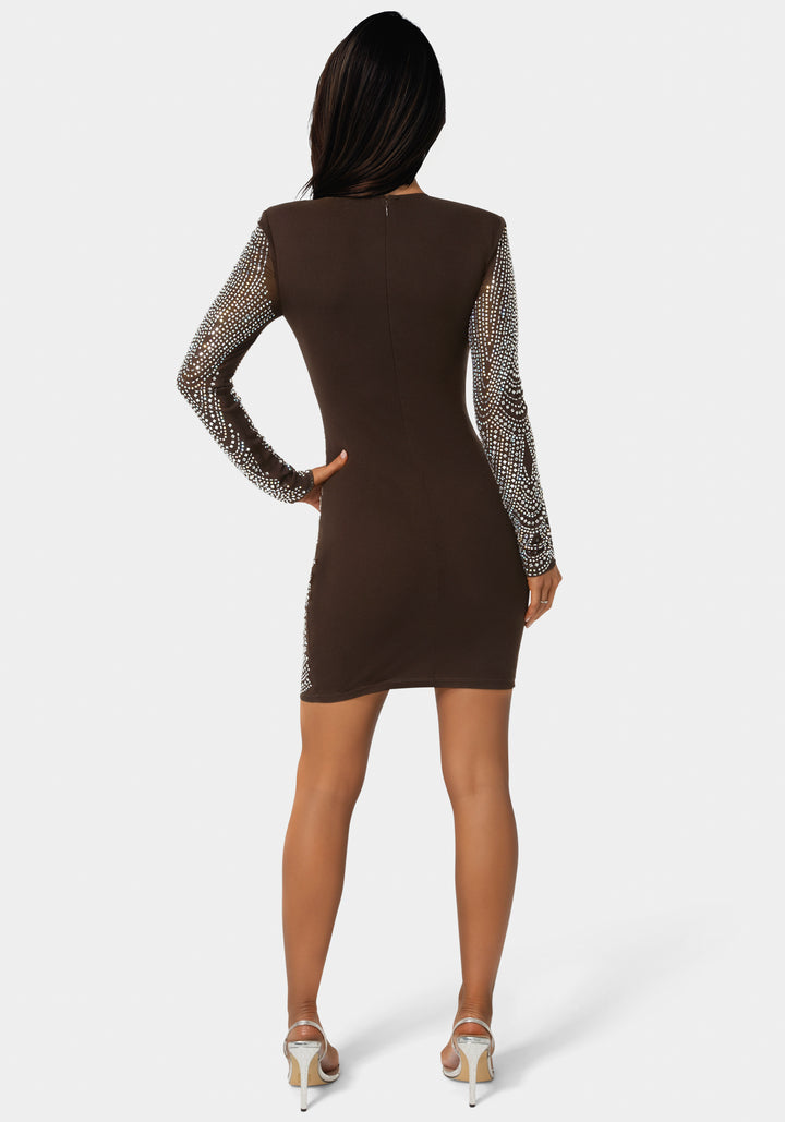 Back View-Long Sleeve Embellished Illusion Mesh Mini Dress-CHOCOLATE/GOLD