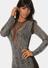 Other View-Long Sleeve Embellished Illusion Mesh Mini Dress-CHOCOLATE/GOLD