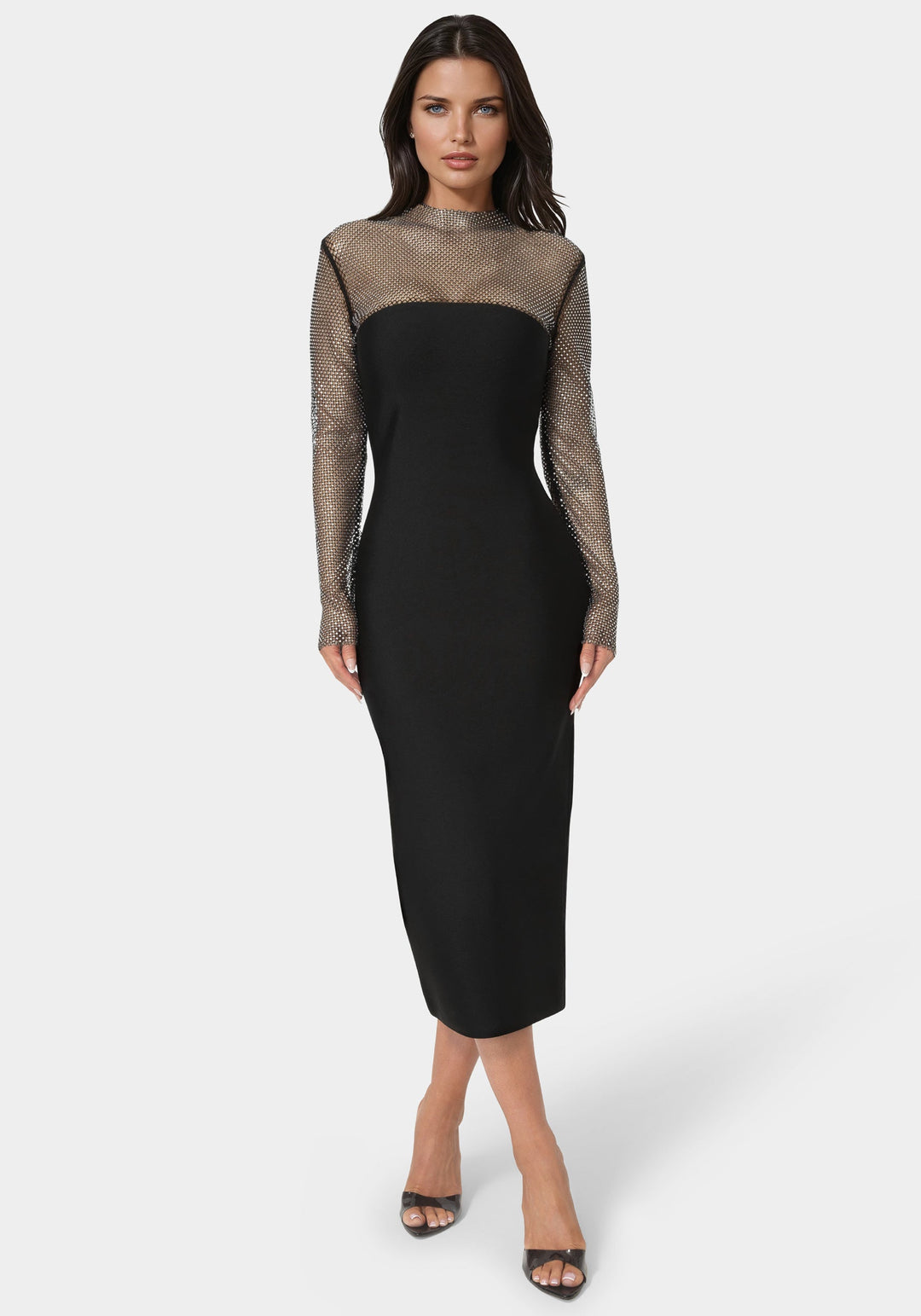 Front View-Long Sleeve Bandage Midi Dress with Crystal Mesh Combo-BLACK