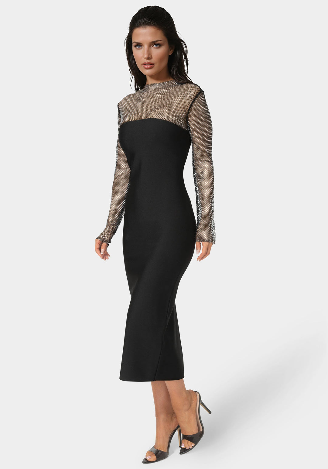 Side View-Long Sleeve Bandage Midi Dress with Crystal Mesh Combo-BLACK