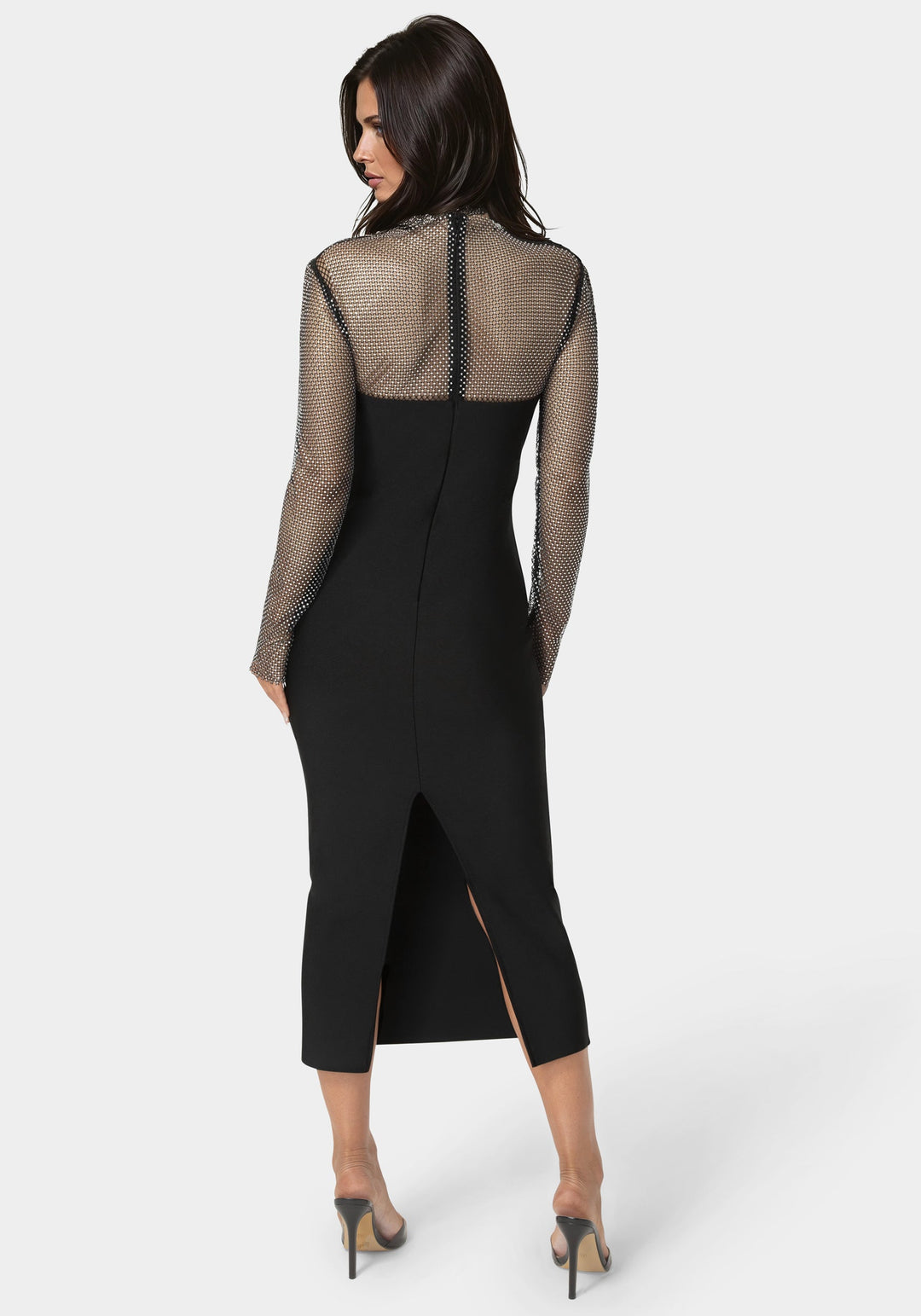 Back View-Long Sleeve Bandage Midi Dress with Crystal Mesh Combo-BLACK
