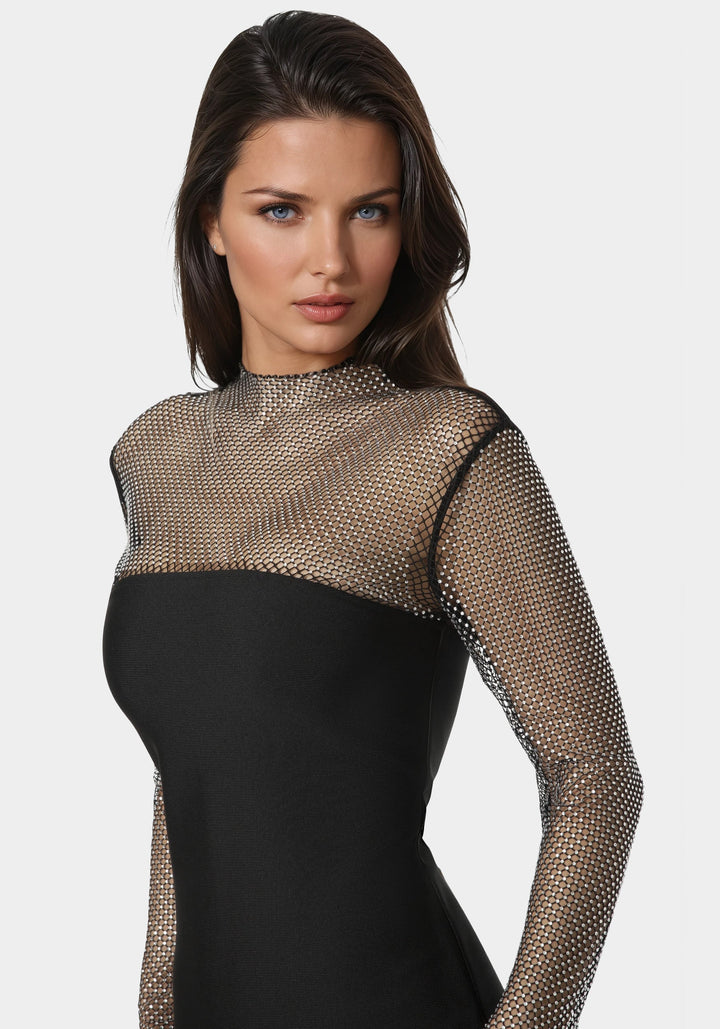 Other View-Long Sleeve Bandage Midi Dress with Crystal Mesh Combo-BLACK