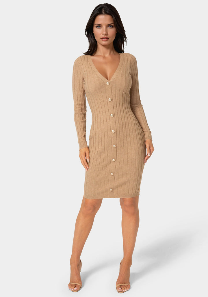 Front View-V-Neck Cardigan Midi Dress-CAMEL
