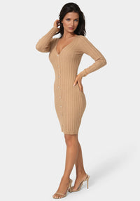 Side View-V-Neck Cardigan Midi Dress-CAMEL