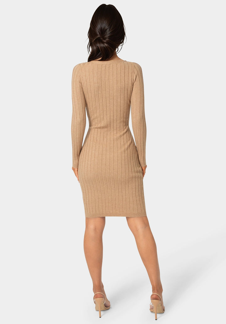 Back View-V-Neck Cardigan Midi Dress-CAMEL