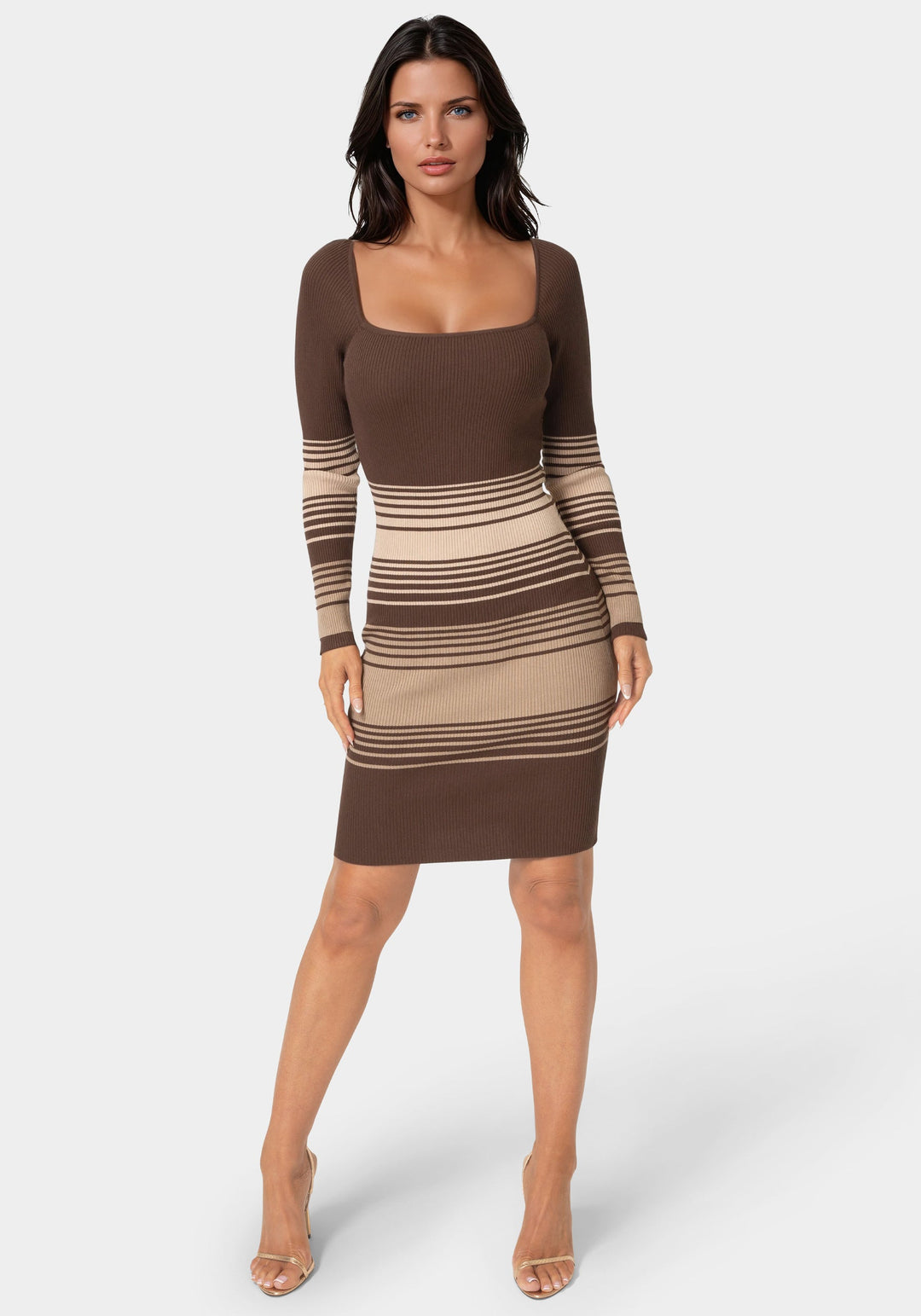 Front View-Stripe Rib Sweater Midi Dress-CHOCOLATE
