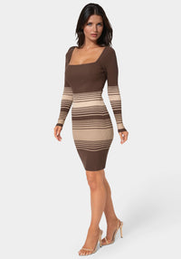 Side View-Stripe Rib Sweater Midi Dress-CHOCOLATE