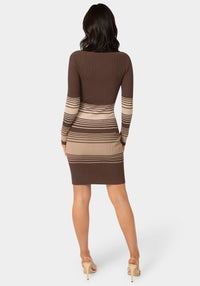 Back View-Stripe Rib Sweater Midi Dress-CHOCOLATE