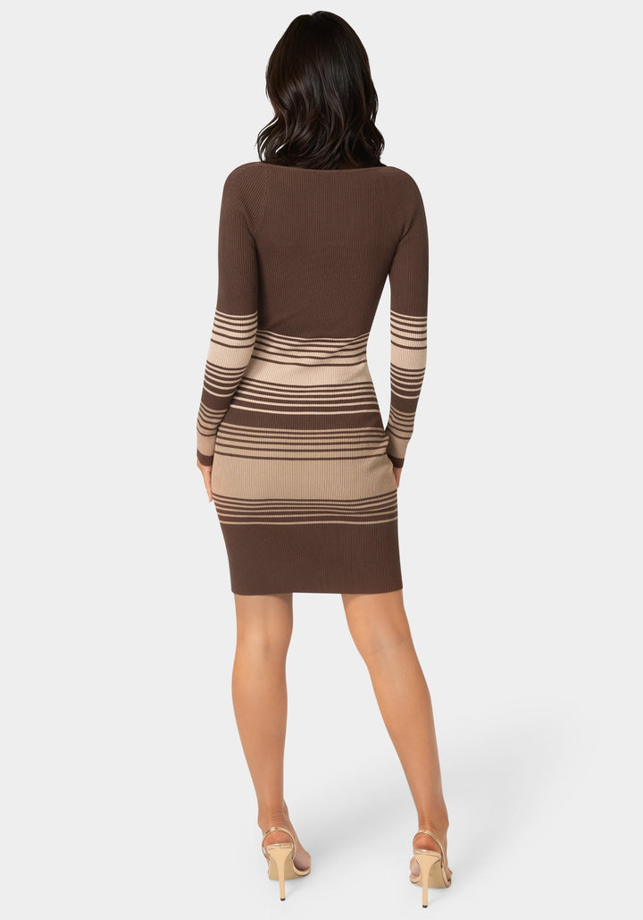 Back View-Stripe Rib Sweater Midi Dress-CHOCOLATE